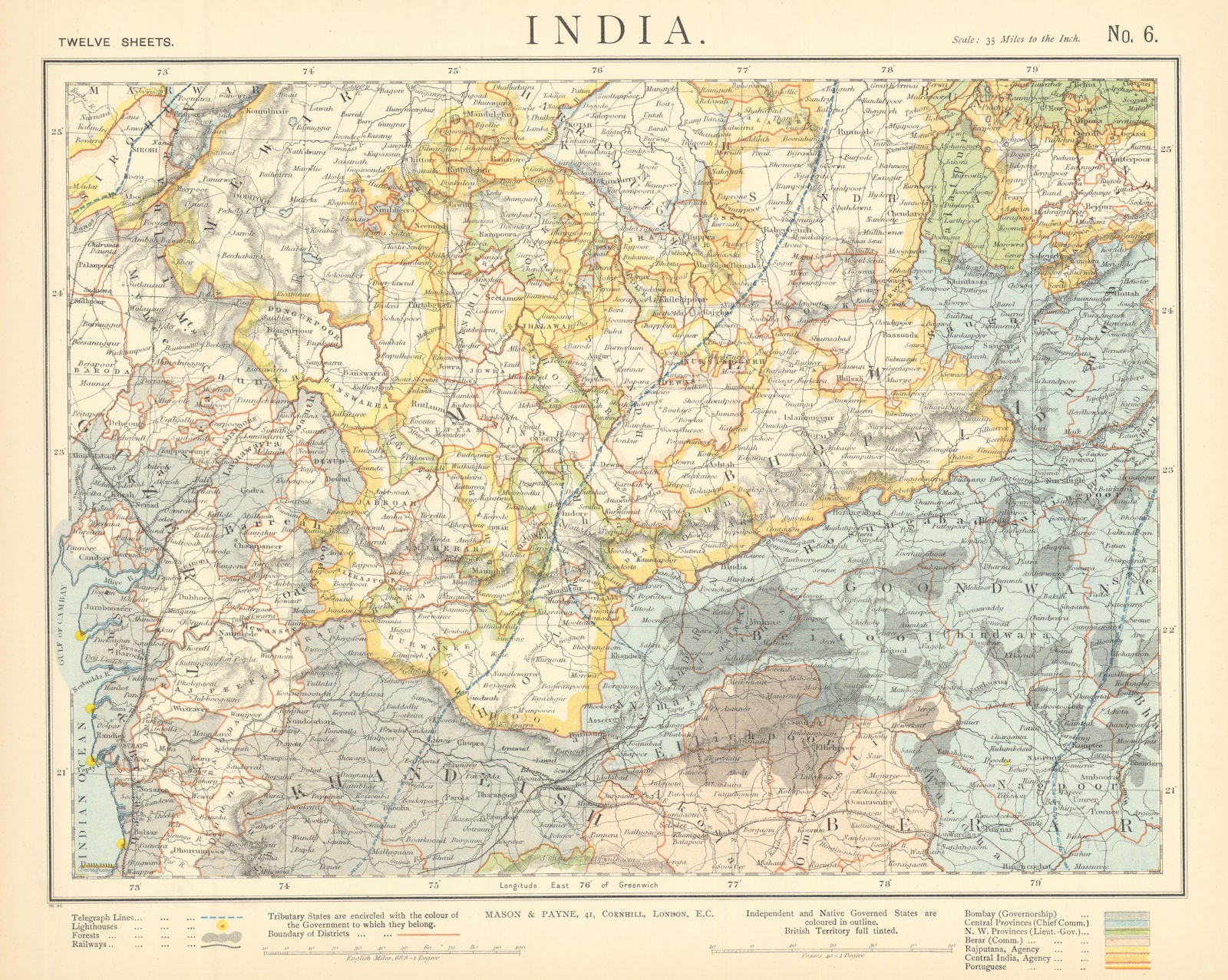 WEST BRITISH INDIA. Malwa Khandeish Berar Goondwana Bhopal. Railways 1892 map